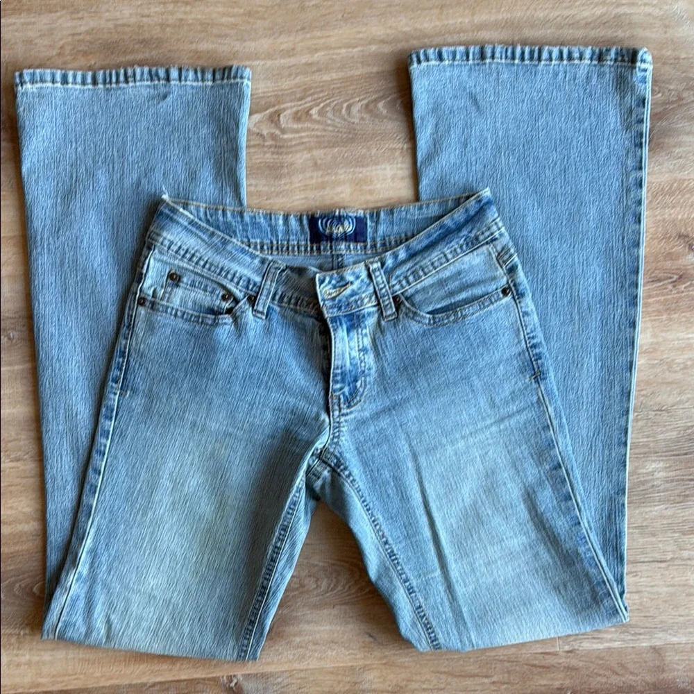 Angels Embroidered Vintage Flare Blue Jeans - Picture 6 of 7